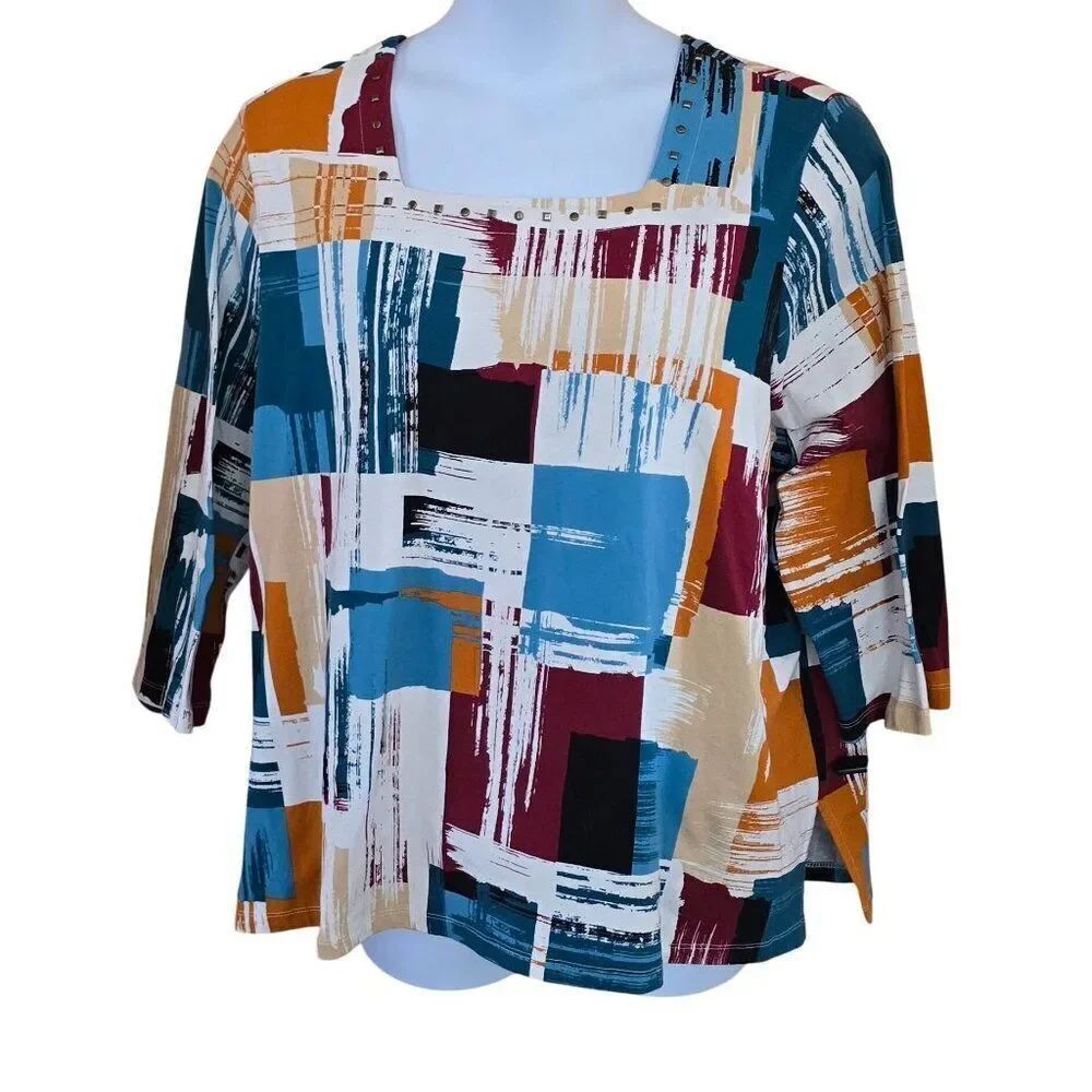 Alfred Dunner Womens 3X Abstract Print Blouse Square Neck colorful grannycore